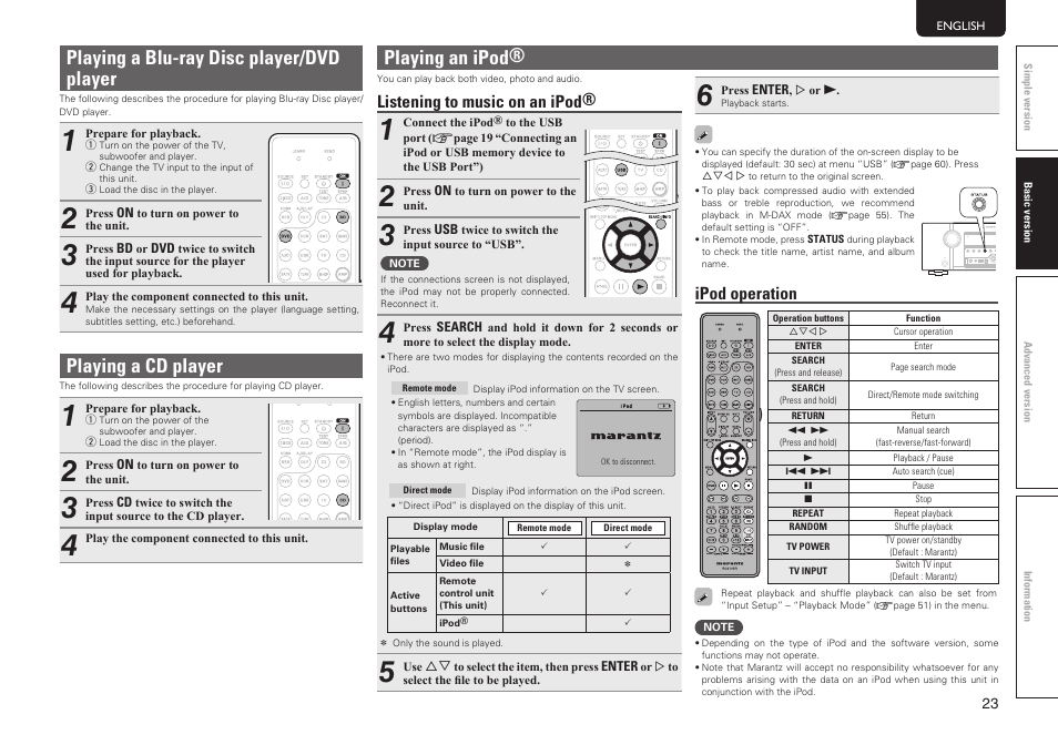 Playing a blu-ray disc player/dvd player, Playing a cd player, Playing an ipod | Listening to music on an ipod, Ipod operation | Marantz SR5005 User Manual | Page 26 / 91