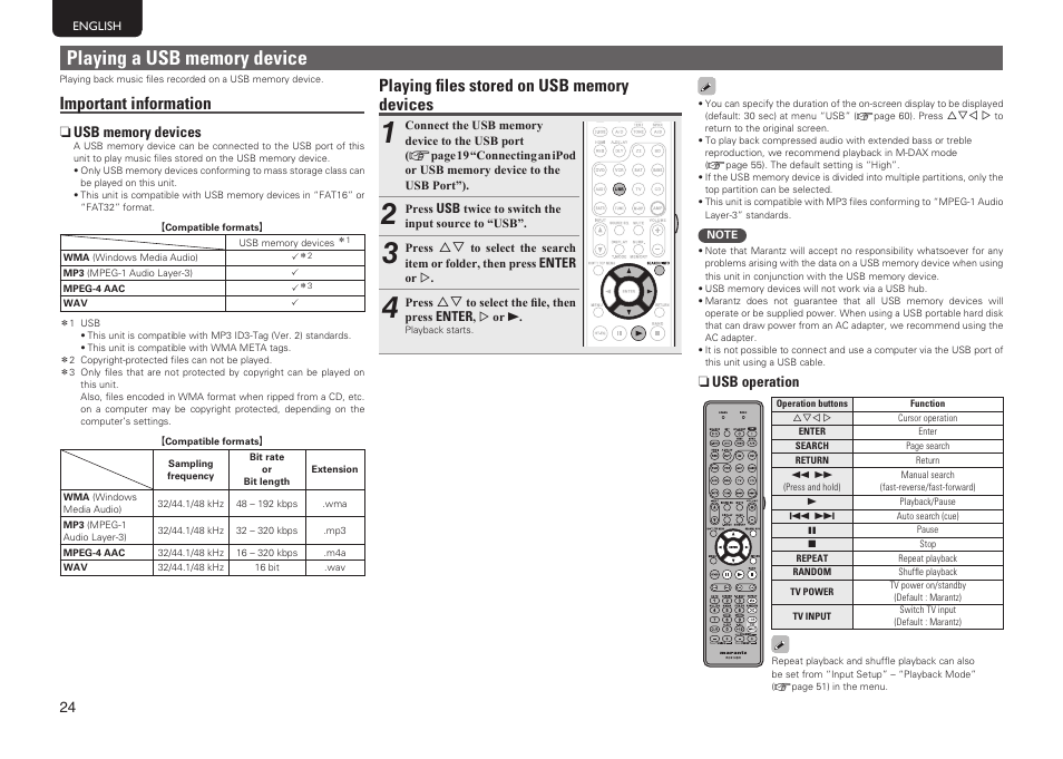 Important information, N usb operation | Marantz SR5005 User Manual | Page 27 / 91
