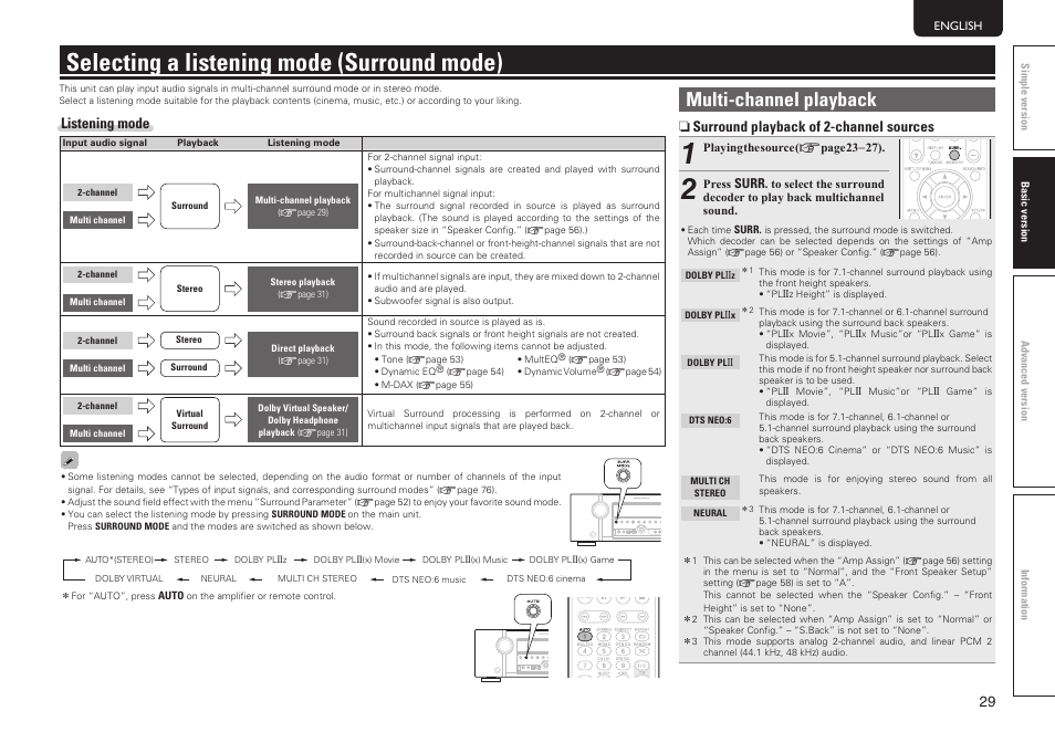 Selecting a listening mode (surround mode), Multi-channel playback, N surround playback of 2-channel sources | Listening mode | Marantz SR5005 User Manual | Page 32 / 91