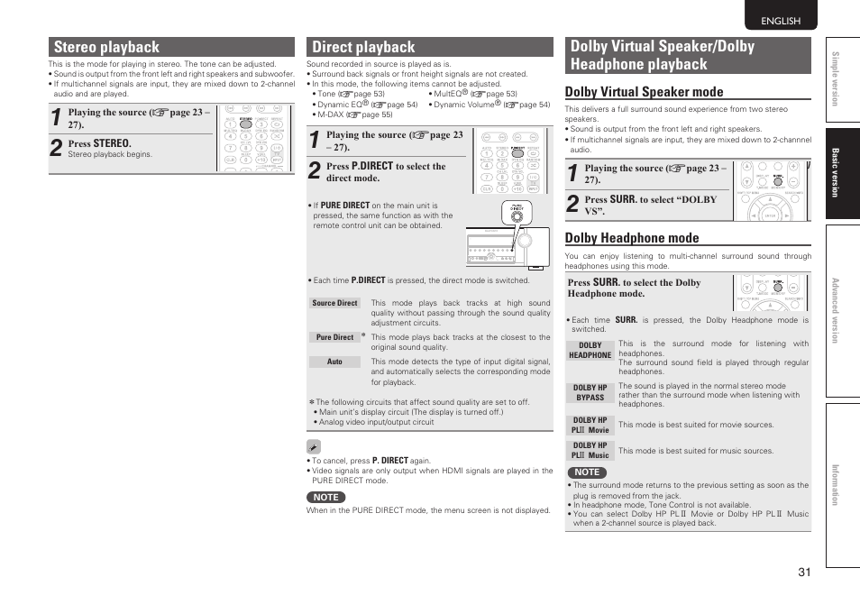 Stereo playback, Direct playback, Dolby virtual speaker/dolby headphone playback | Dolby virtual speaker mode, Dolby headphone mode | Marantz SR5005 User Manual | Page 34 / 91
