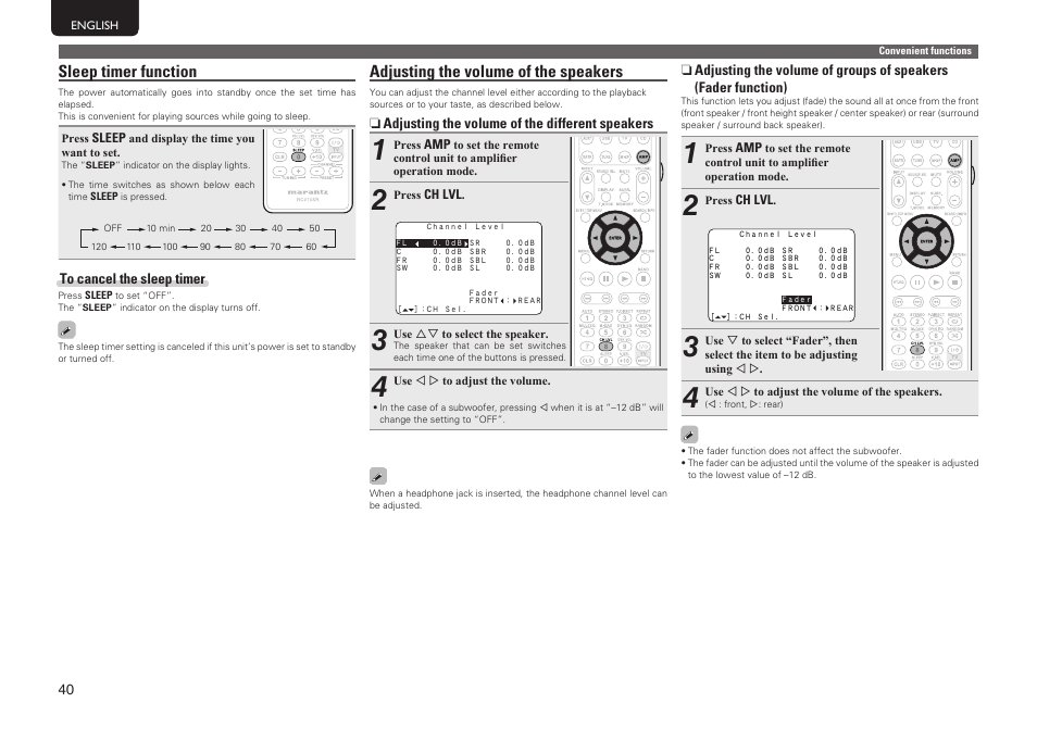 Sleep timer function, Adjusting the volume of the speakers | Marantz SR5005 User Manual | Page 43 / 91