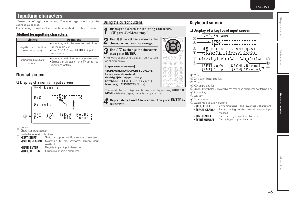 Inputting characters, Normal screen, Keyboard screen | Marantz SR5005 User Manual | Page 48 / 91
