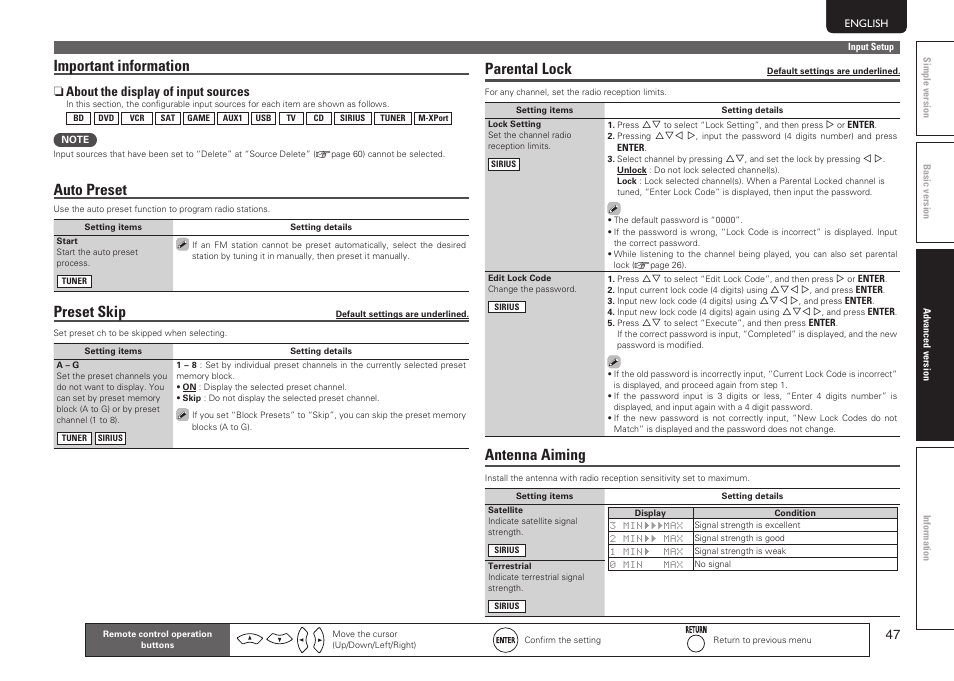 Important information, Auto preset, Preset skip | Parental lock, Antenna aiming, N about the display of input sources | Marantz SR5005 User Manual | Page 50 / 91