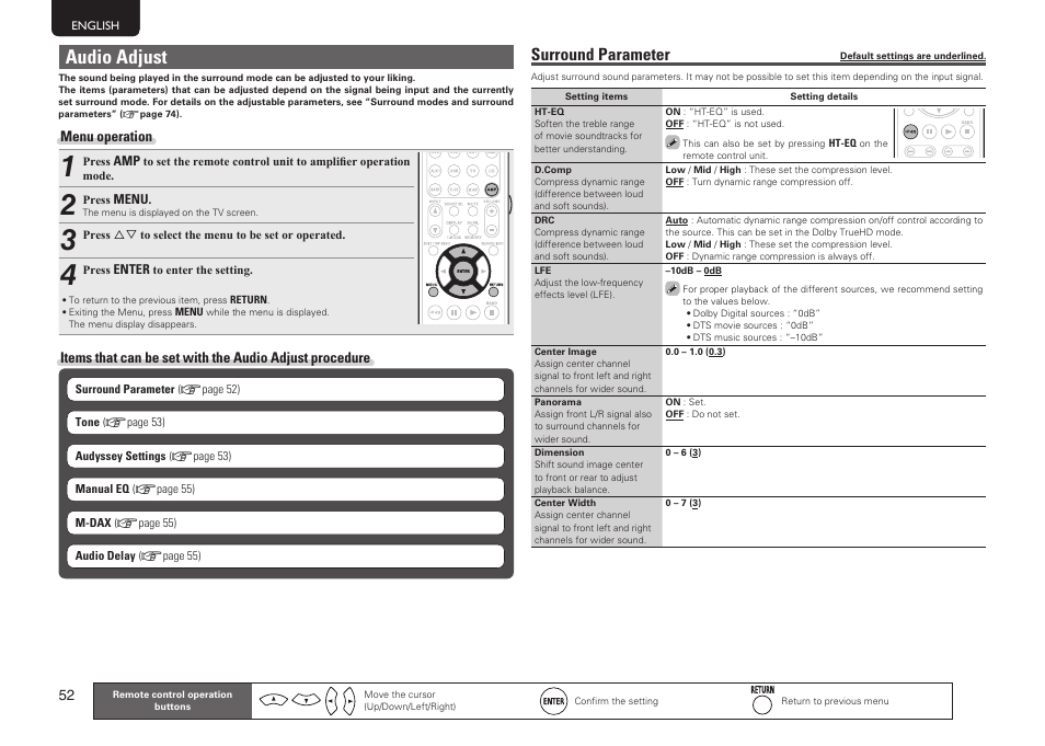 Audio adjust, Surround parameter | Marantz SR5005 User Manual | Page 55 / 91