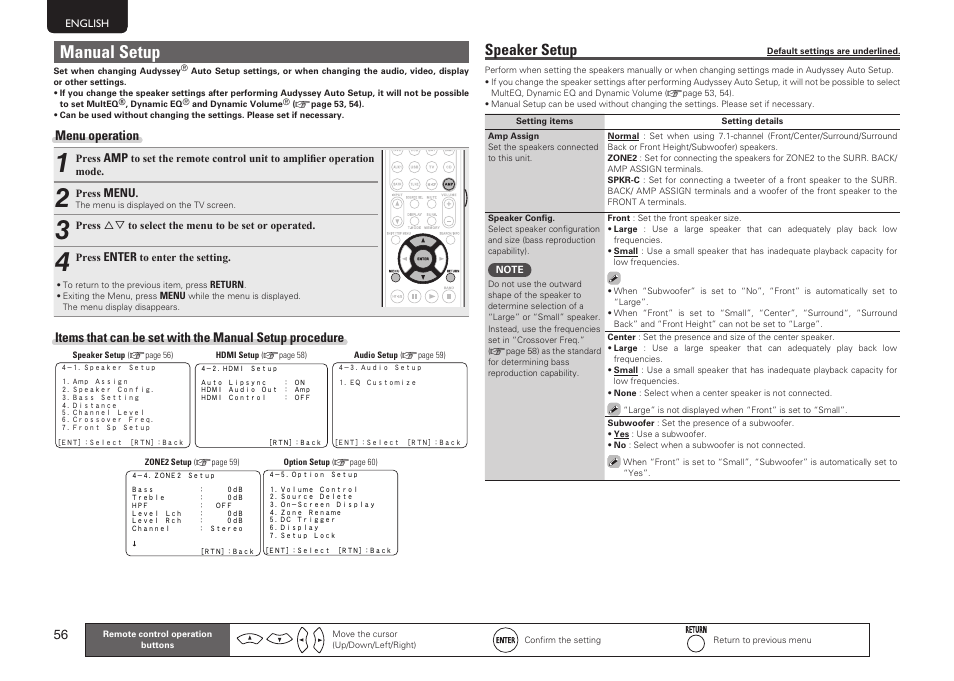 Manual setup, Speaker setup, Menu operation | Marantz SR5005 User Manual | Page 59 / 91