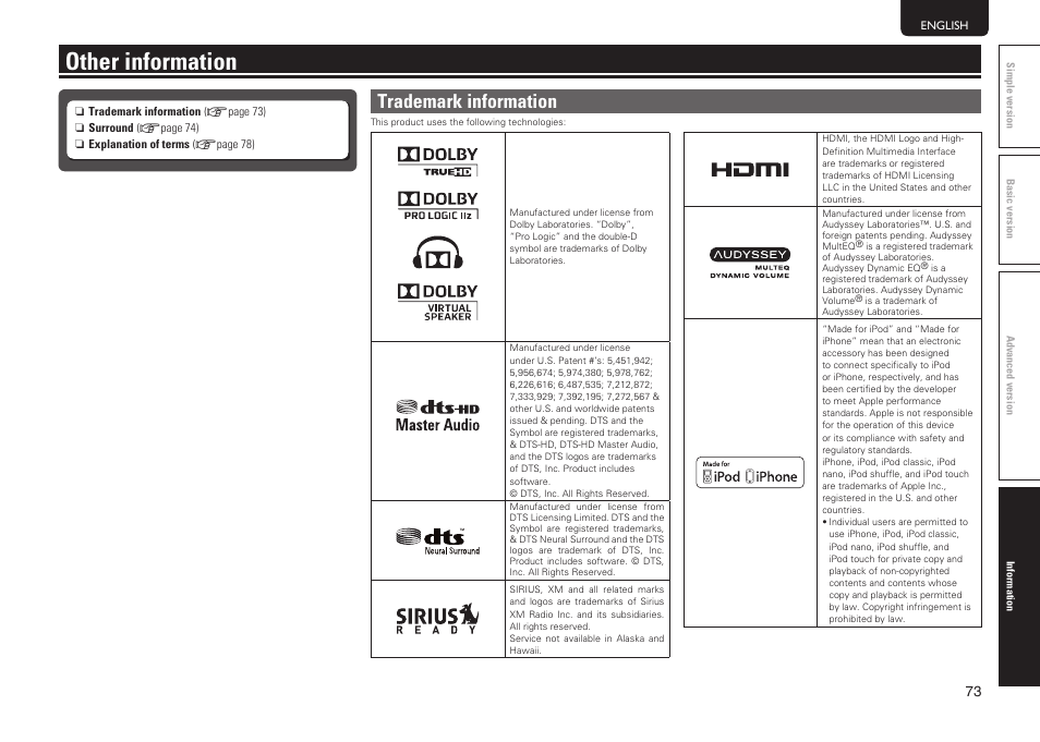 Other information, Trademark information | Marantz SR5005 User Manual | Page 76 / 91