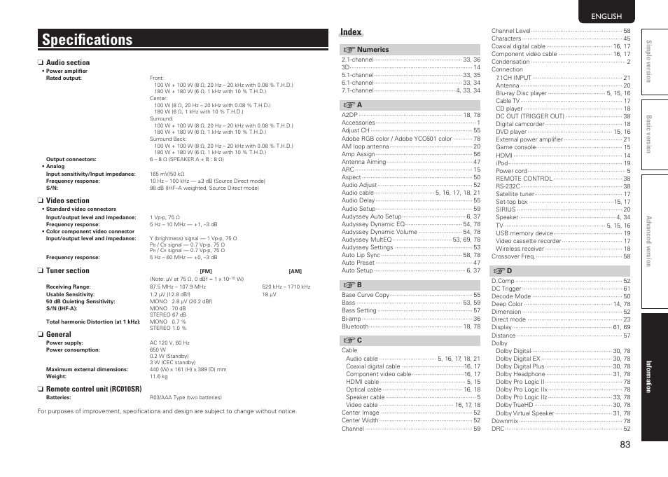 Specifications, Index | Marantz SR5005 User Manual | Page 86 / 91