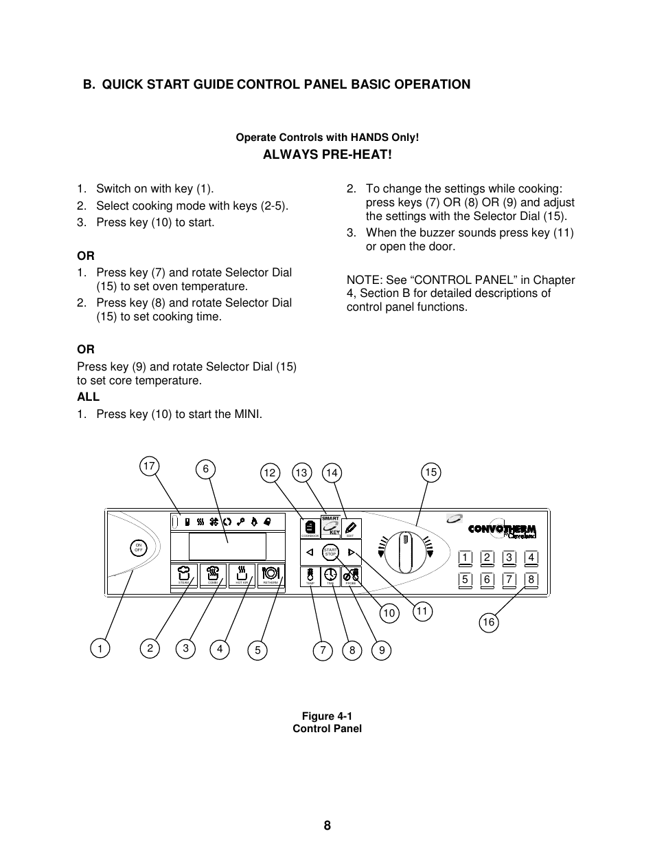 B. quick start guide, Control panel basic operation, Always pre-heat | Cleveland Range The MINI OES-6.08 User Manual | Page 14 / 51