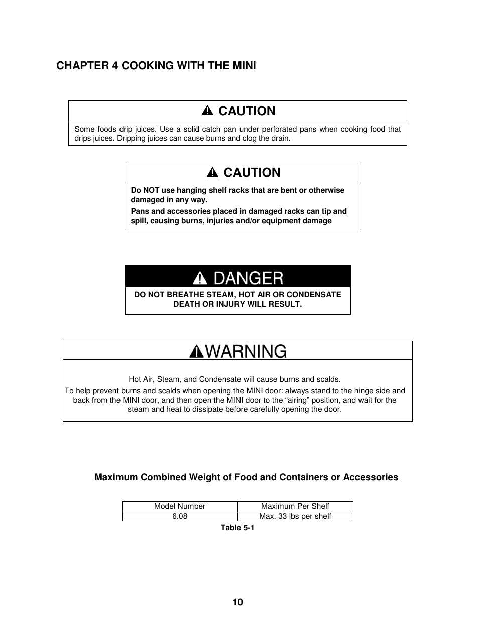 Caution, Chapter 4 cooking with the mini | Cleveland Range The MINI OES-6.08 User Manual | Page 16 / 51
