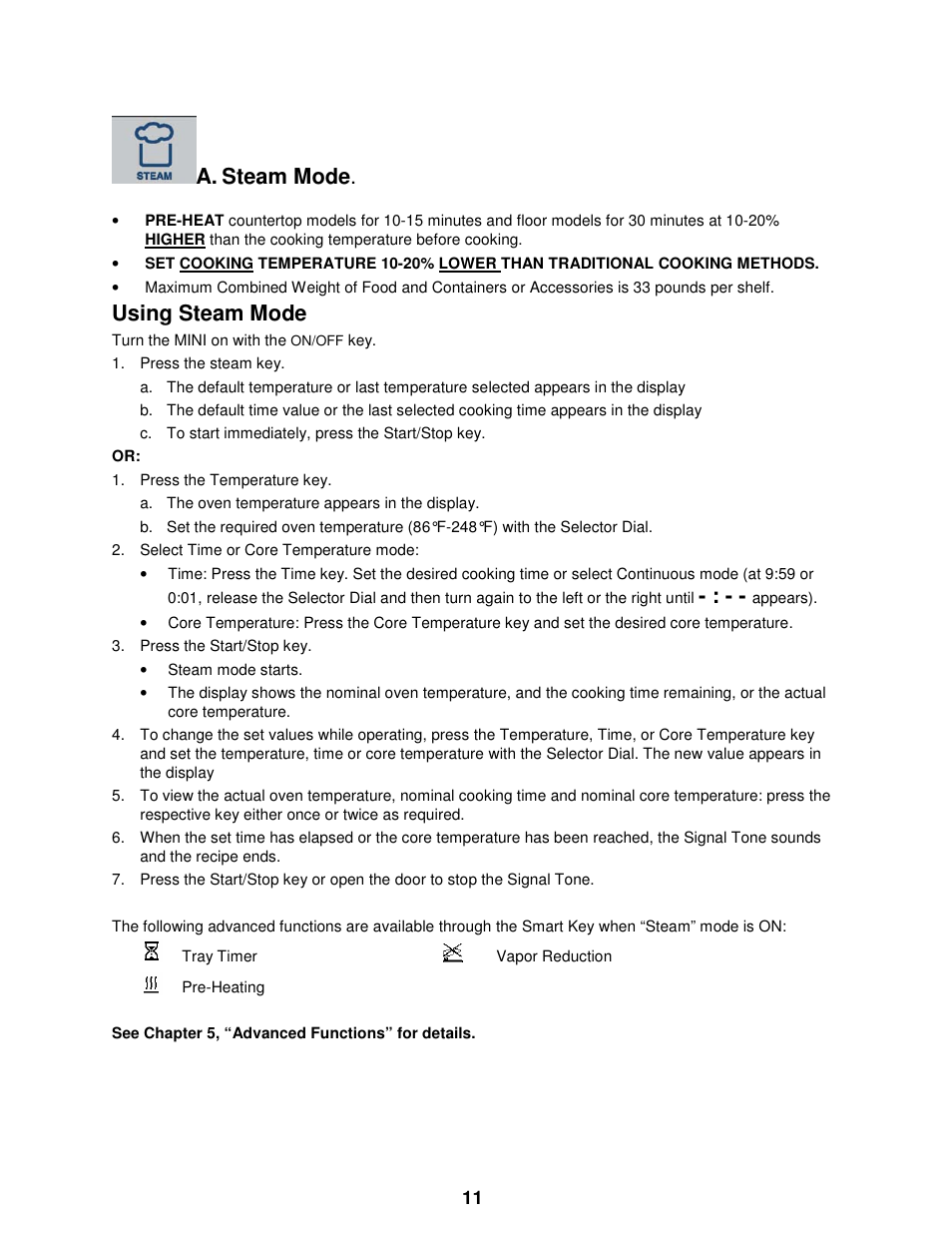 Steam mode, Using steam mode | Cleveland Range The MINI OES-6.08 User Manual | Page 17 / 51