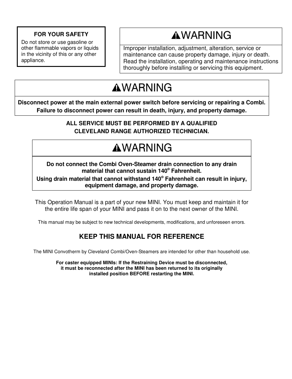Keep this manual for reference | Cleveland Range The MINI OES-6.08 User Manual | Page 2 / 51