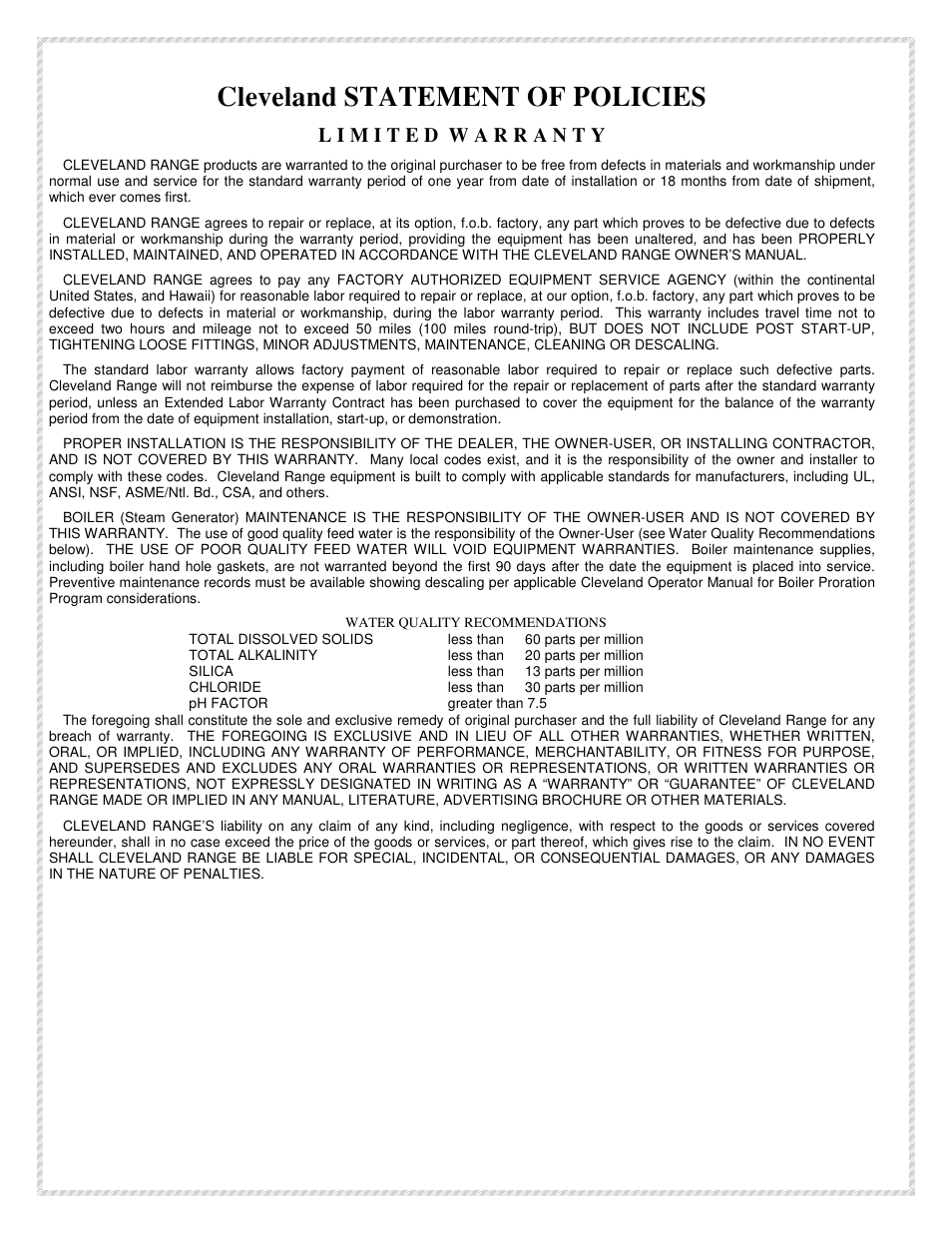 Cleveland statement of policies | Cleveland Range The MINI OES-6.08 User Manual | Page 3 / 51