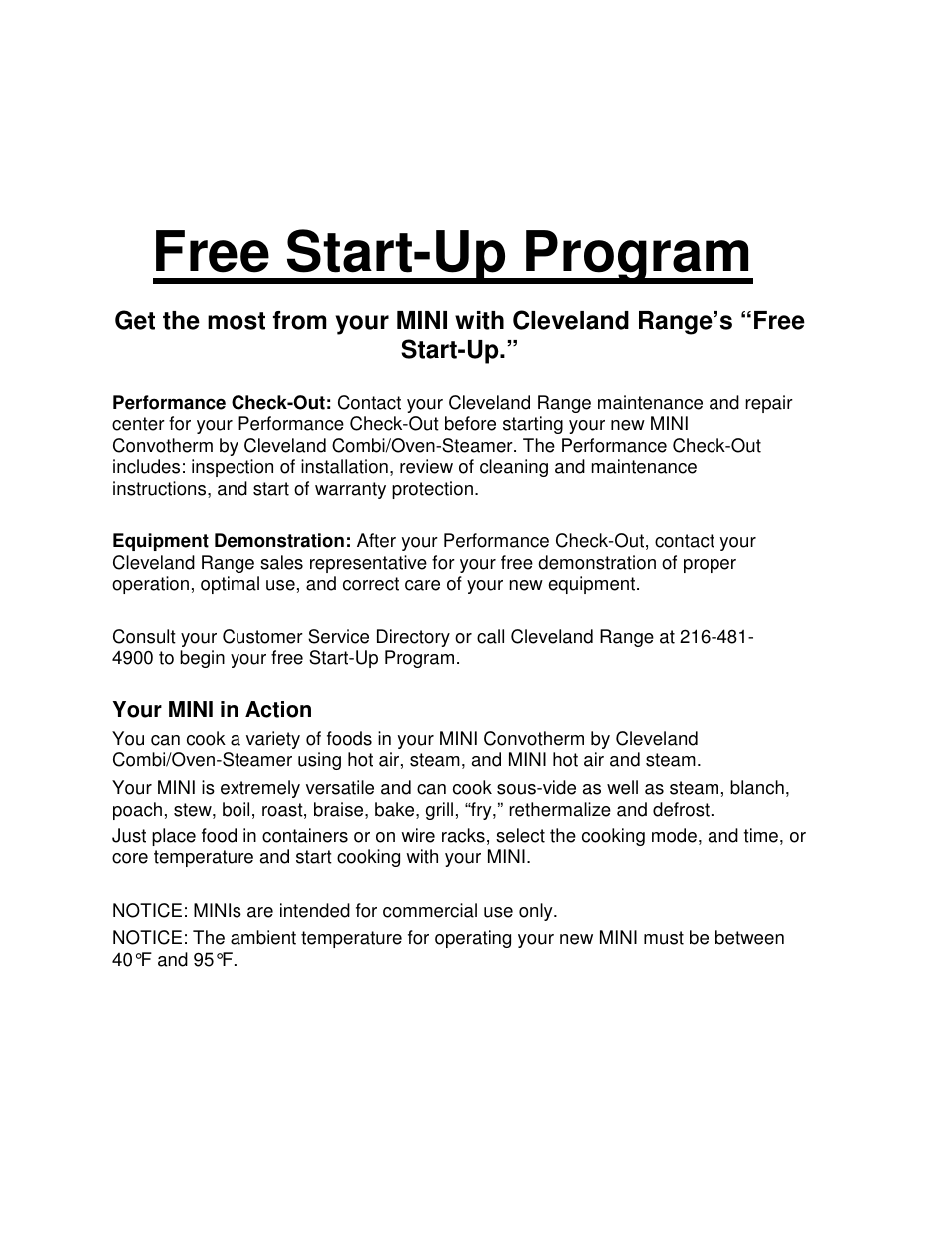 Free start-up program | Cleveland Range The MINI OES-6.08 User Manual | Page 4 / 51