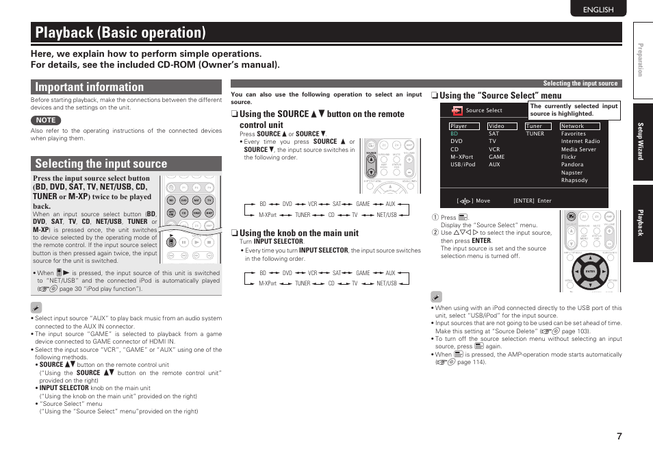 Playback (basic operation), Important information, Selecting the input source | Marantz SR5006 Getting Started User Manual | Page 11 / 16