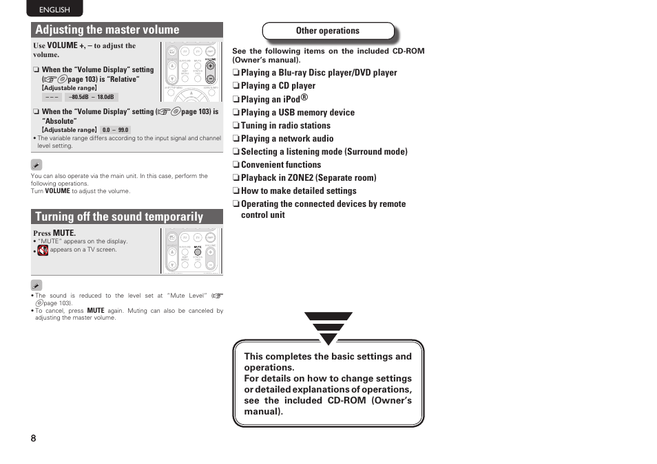 Adjusting the master volume, Turning off the sound temporarily | Marantz SR5006 Getting Started User Manual | Page 12 / 16