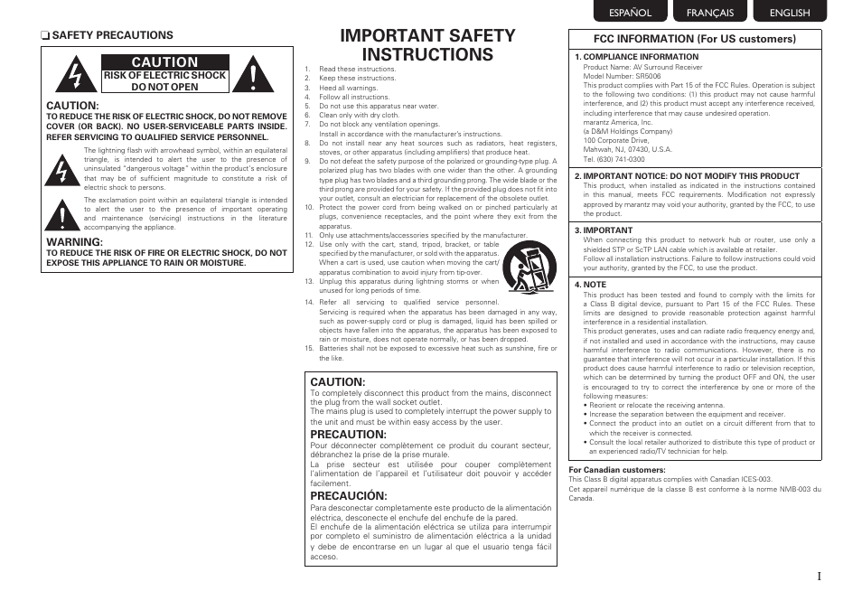 Important safety instructions, Caution | Marantz SR5006 Getting Started User Manual | Page 3 / 16