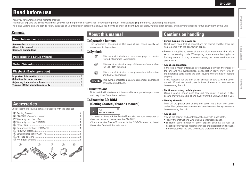 Read before use, About this manual, Cautions on handling | Accessories | Marantz SR5006 Getting Started User Manual | Page 5 / 16