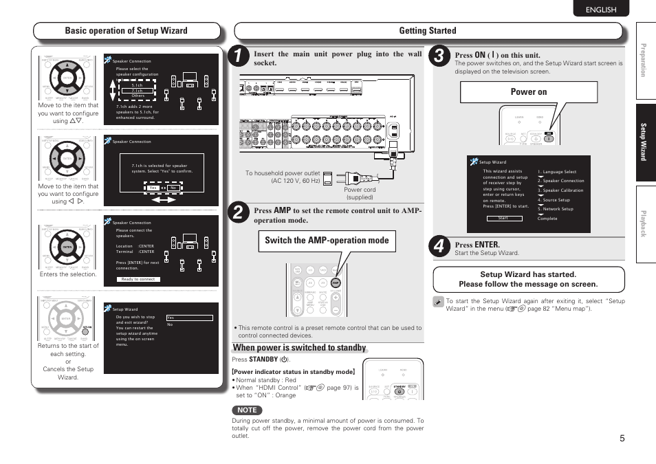 Basic operation of setup wizard, Getting started, Switch the amp-operation mode | Power on, When power is switched to standby | Marantz SR5006 Getting Started User Manual | Page 9 / 16