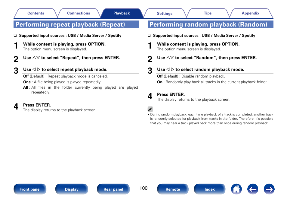 Performing repeat playback (repeat), Performing random playback (random) | Marantz SR5008 User Manual | Page 100 / 238