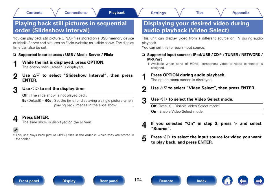 Playing back still pictures in sequential order | Marantz SR5008 User Manual | Page 104 / 238