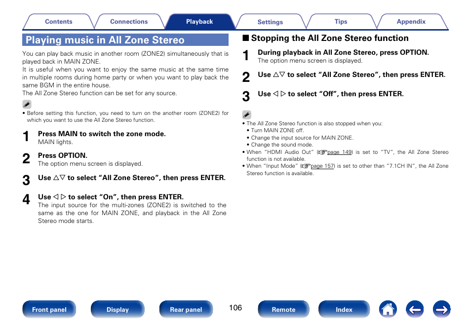 Playing music in all zone stereo | Marantz SR5008 User Manual | Page 106 / 238