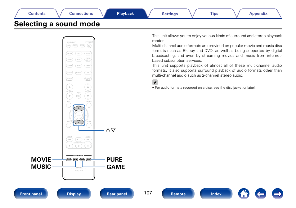 Selecting a sound mode, Movie music pure game ui | Marantz SR5008 User Manual | Page 107 / 238