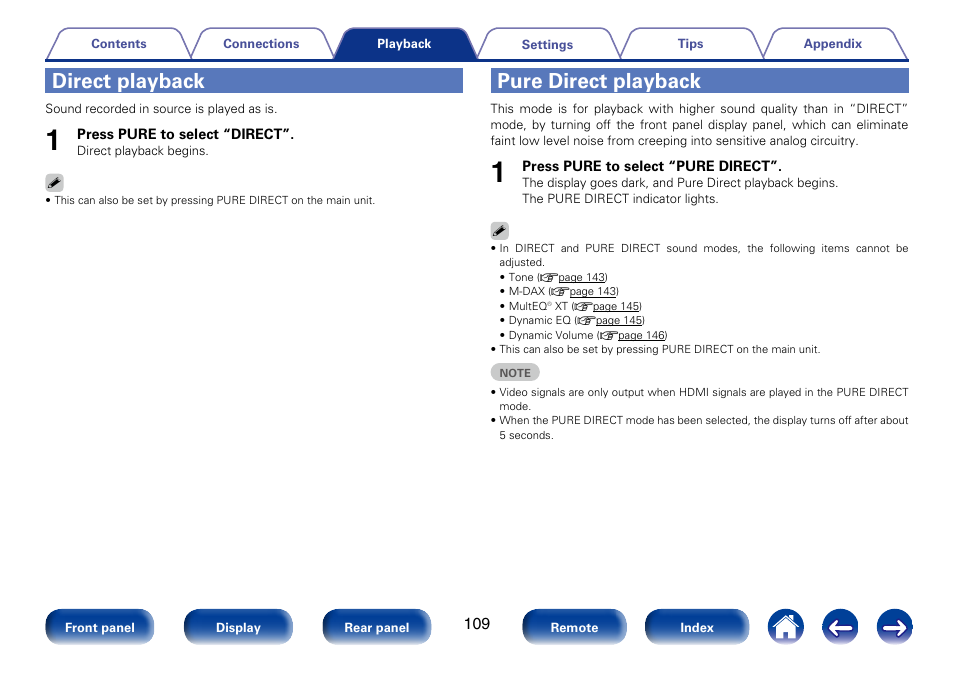 Direct playback, Pure direct playback | Marantz SR5008 User Manual | Page 109 / 238