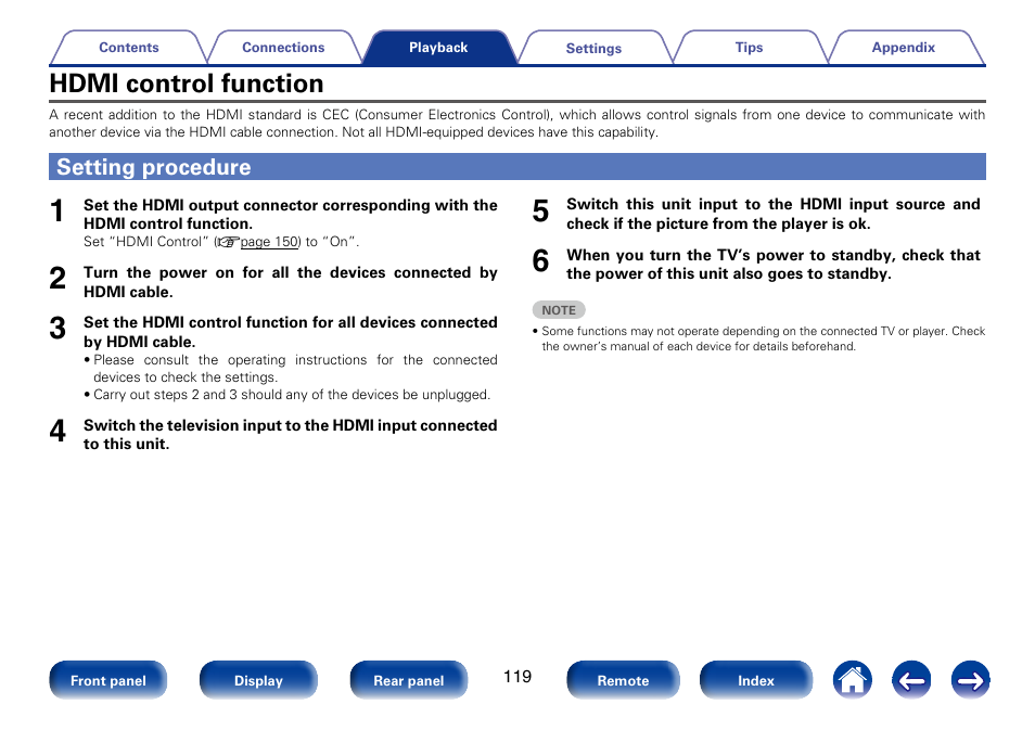 Hdmi control function, Setting procedure | Marantz SR5008 User Manual | Page 119 / 238