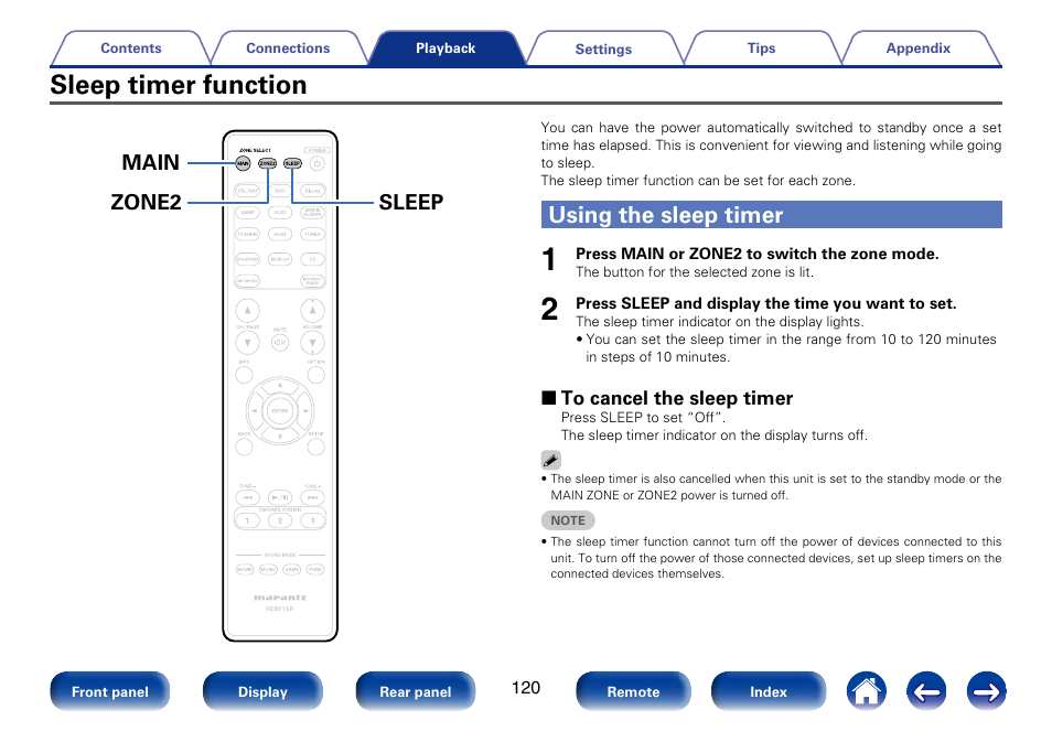Sleep timer function, Using the sleep timer, Main zone2 sleep | Marantz SR5008 User Manual | Page 120 / 238