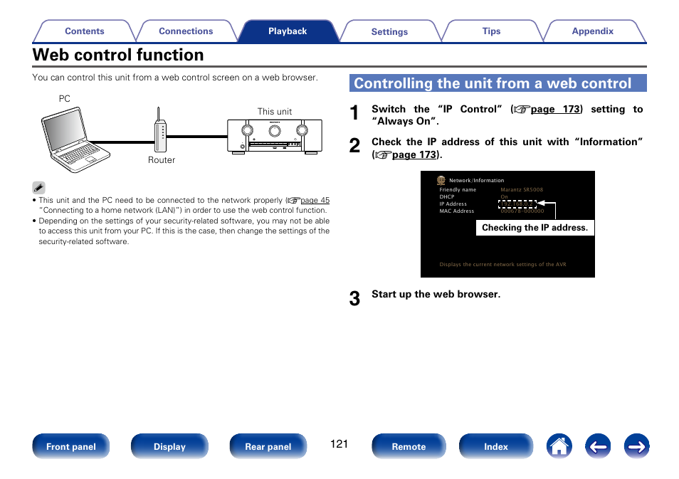 Web control function, Controlling the unit from a web control | Marantz SR5008 User Manual | Page 121 / 238