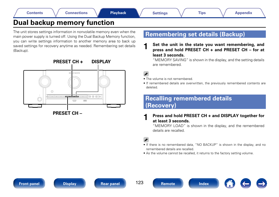 Dual backup memory function, Remembering set details (backup), Recalling remembered details (recovery) | Marantz SR5008 User Manual | Page 123 / 238