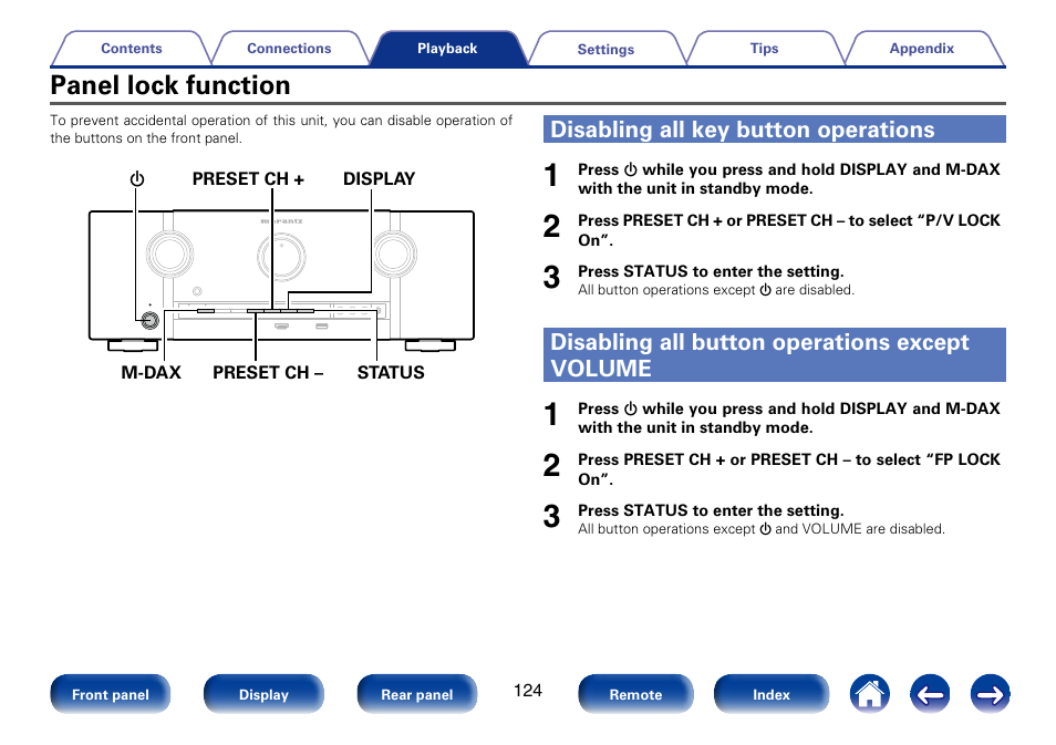 Panel lock function, Disabling all key button operations, Disabling all button operations except volume | Marantz SR5008 User Manual | Page 124 / 238