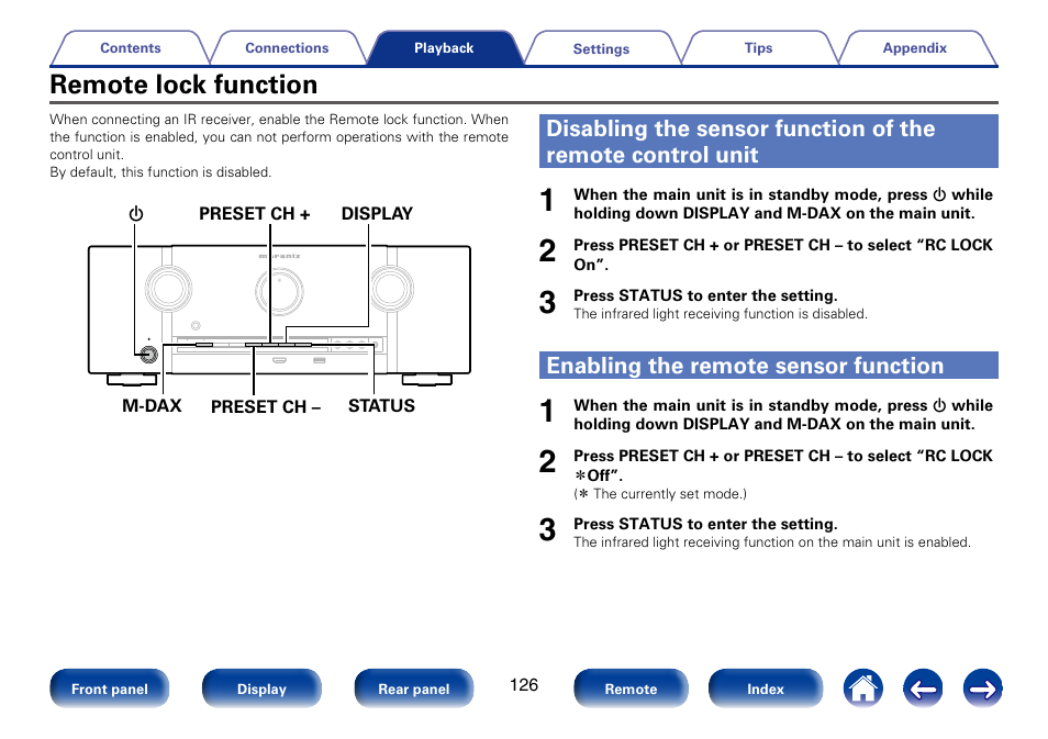 Remote lock function, Enabling the remote sensor function, Lock function”) | Marantz SR5008 User Manual | Page 126 / 238