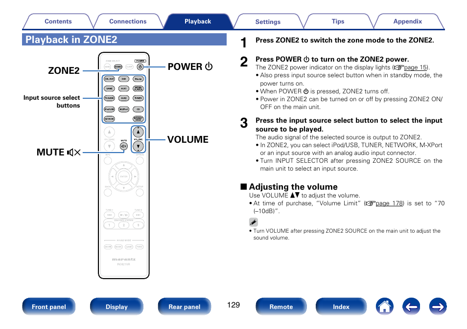 Playback in zone2, Power volume mute zone2 x | Marantz SR5008 User Manual | Page 129 / 238