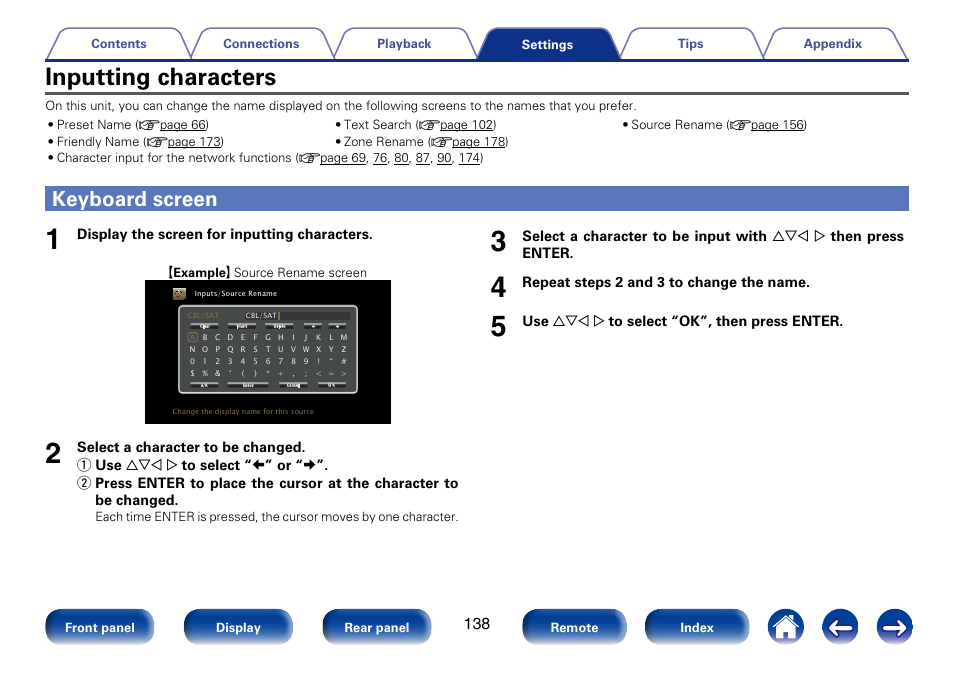 Inputting characters, Keyboard screen, Display the screen for inputting characters | Repeat steps 2 and 3 to change the name, Use uio p to select “ok”, then press enter | Marantz SR5008 User Manual | Page 138 / 238