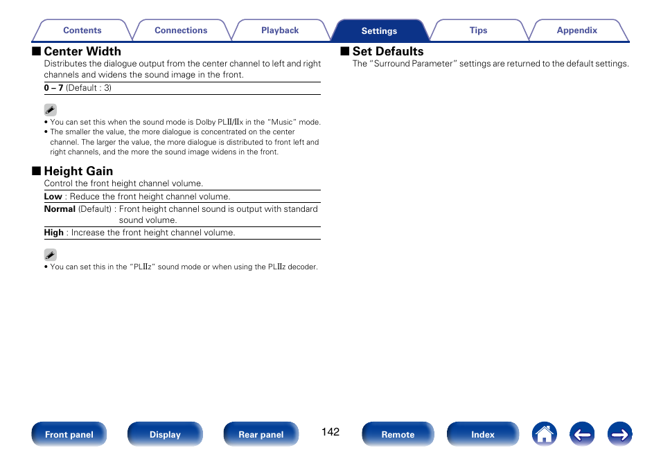 2 center width, 2 height gain, 2 set defaults | Marantz SR5008 User Manual | Page 142 / 238