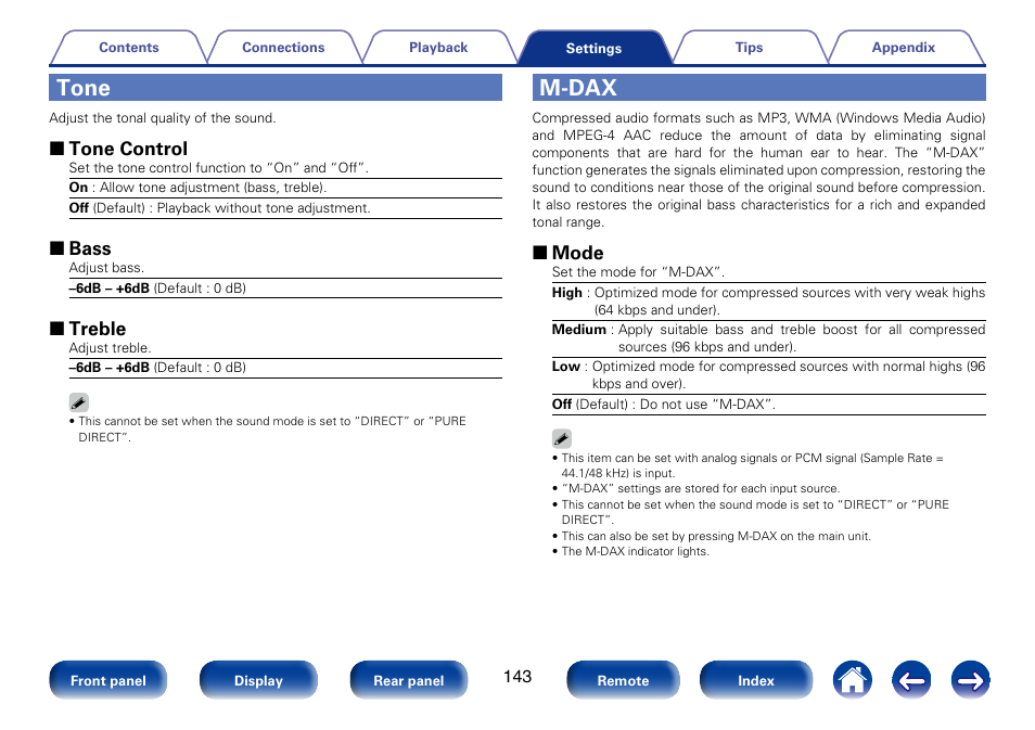 Tone, M-dax, 2 tone control | 2 bass, 2 treble, 2 mode | Marantz SR5008 User Manual | Page 143 / 238