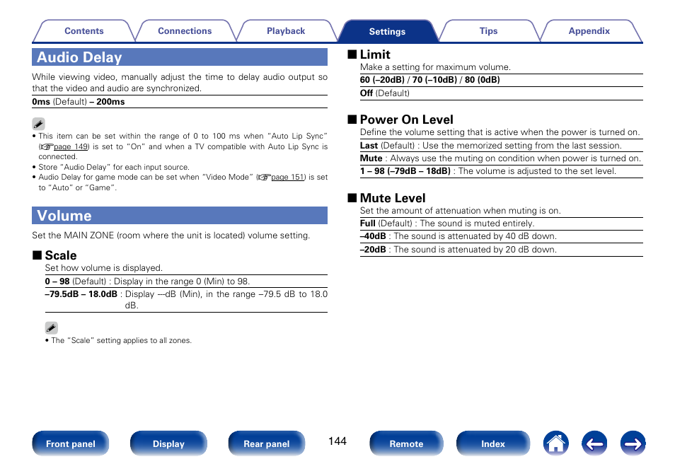 Audio delay, Volume, 2 scale | 2 limit, 2 power on level, 2 mute level | Marantz SR5008 User Manual | Page 144 / 238