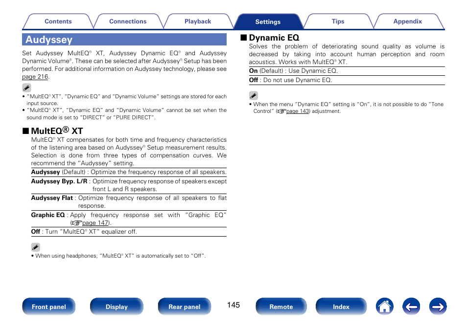 Audyssey, 2 multeq® xt, 2 dynamic eq | Marantz SR5008 User Manual | Page 145 / 238