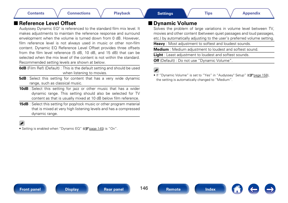 2 reference level offset, 2 dynamic volume | Marantz SR5008 User Manual | Page 146 / 238