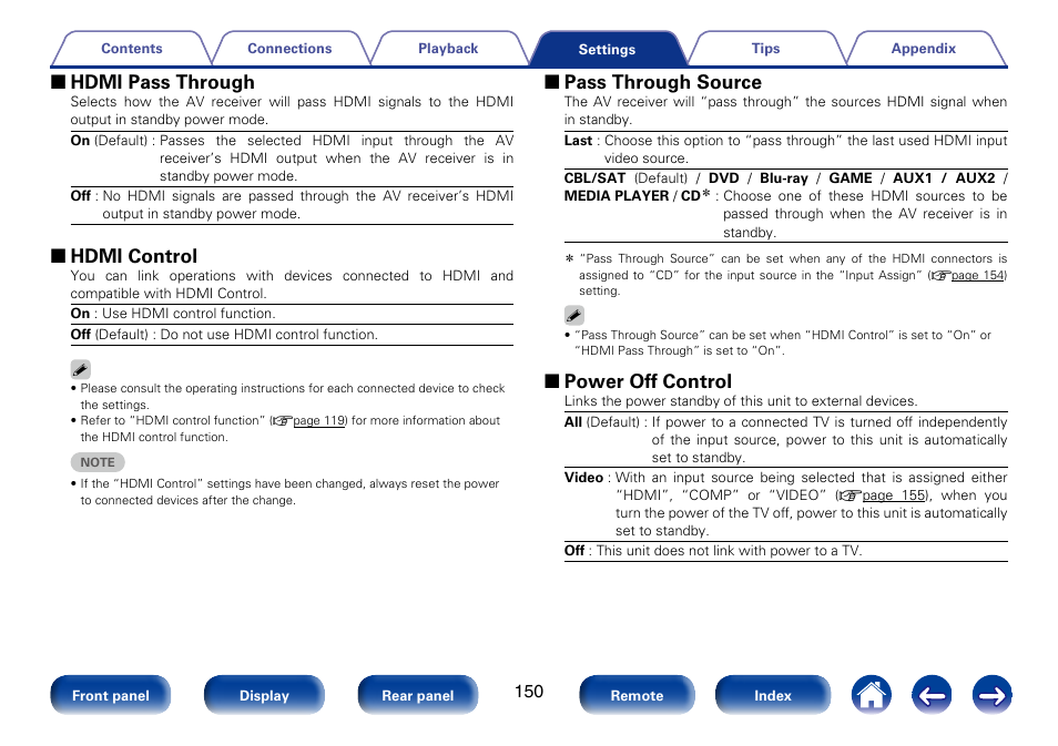 2 hdmi pass through, 2 hdmi control, 2 pass through source | 2 power off control | Marantz SR5008 User Manual | Page 150 / 238