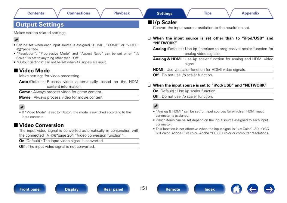 Output settings, 2 video mode, 2 video conversion | 2 i/p scaler | Marantz SR5008 User Manual | Page 151 / 238