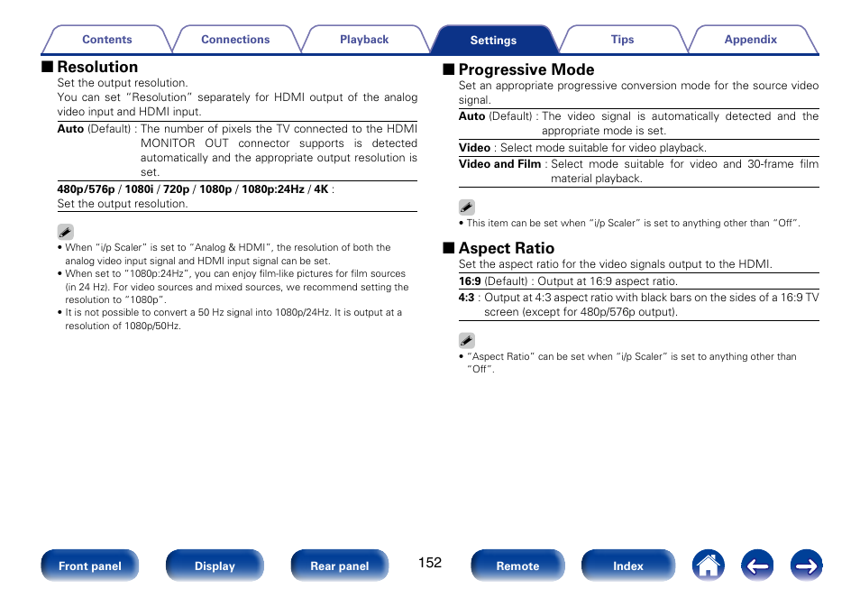 2 resolution, 2 progressive mode, 2 aspect ratio | Marantz SR5008 User Manual | Page 152 / 238