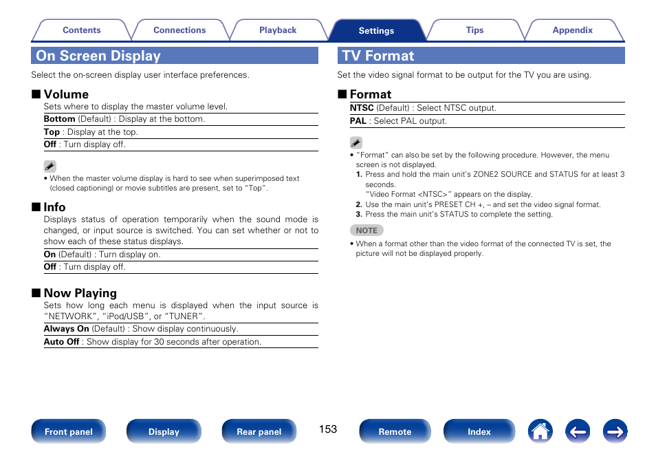 On screen display, Tv format, 2 volume | 2 info, 2 now playing, 2 format | Marantz SR5008 User Manual | Page 153 / 238