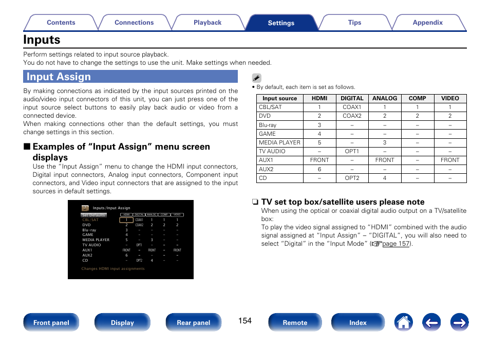 Inputs, Input assign, 2 examples of “input assign” menu screen displays | Marantz SR5008 User Manual | Page 154 / 238