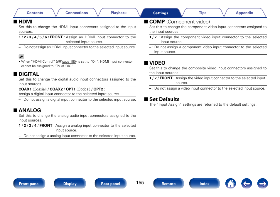 2 hdmi, 2 digital, 2 analog | 2 comp (component video), 2 video, 2 set defaults | Marantz SR5008 User Manual | Page 155 / 238