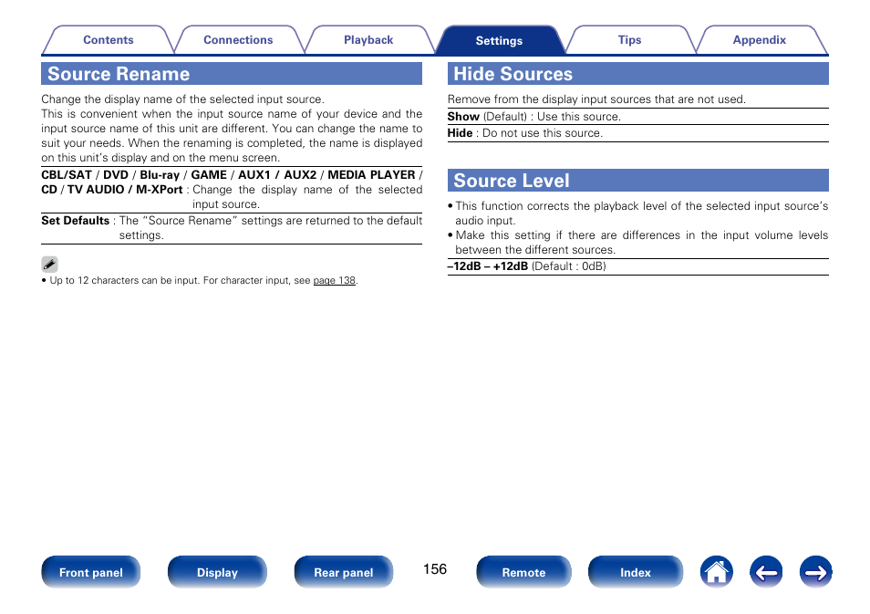 Source rename, Hide sources, Source level | Marantz SR5008 User Manual | Page 156 / 238