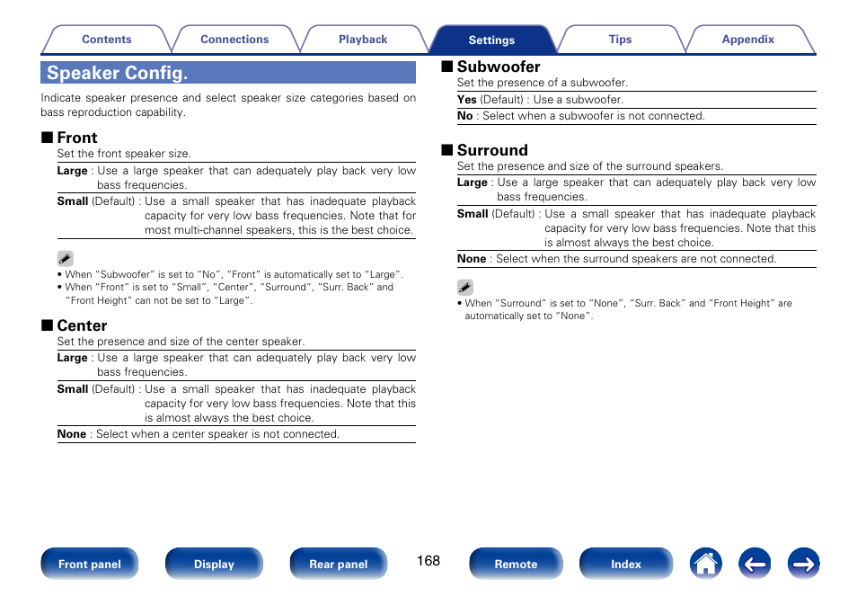 Speaker config, 2 front, 2 center | 2 subwoofer, 2 surround | Marantz SR5008 User Manual | Page 168 / 238