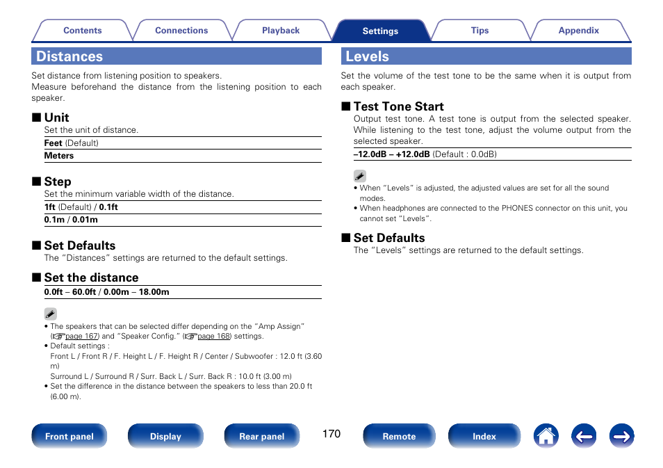 Distances, Levels, 2 unit | 2 step, 2 set defaults, 2 set the distance, 2 test tone start | Marantz SR5008 User Manual | Page 170 / 238