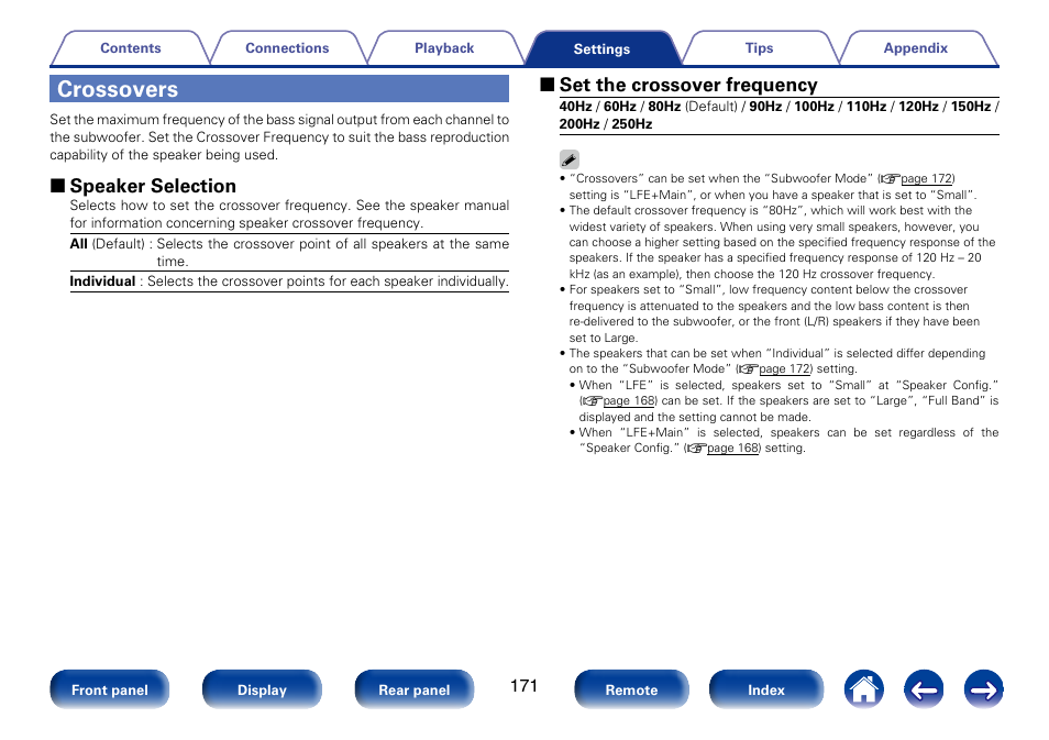 Crossovers, 2 speaker selection, 2 set the crossover frequency | Marantz SR5008 User Manual | Page 171 / 238